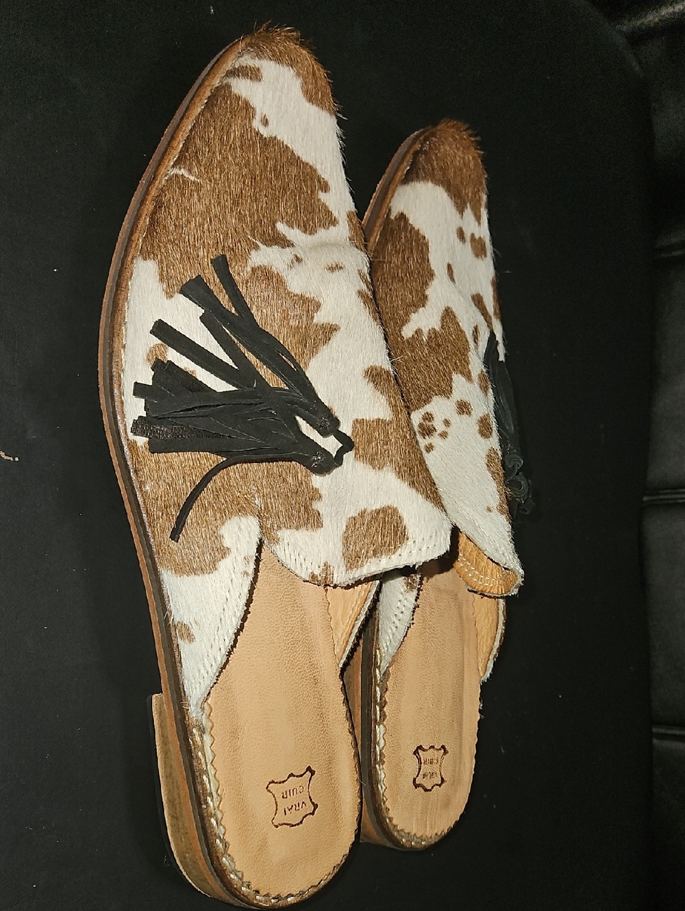 Cowhide Tassel Backless Mules - Brown & White Size 9 - Picture 4 of 12